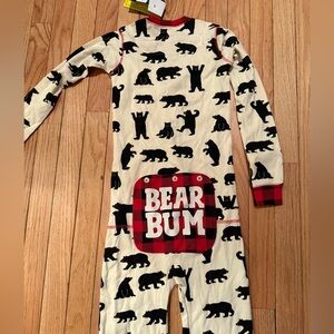 Cozy Cream and Black Bear Print Kids One Piece ski winter lodge